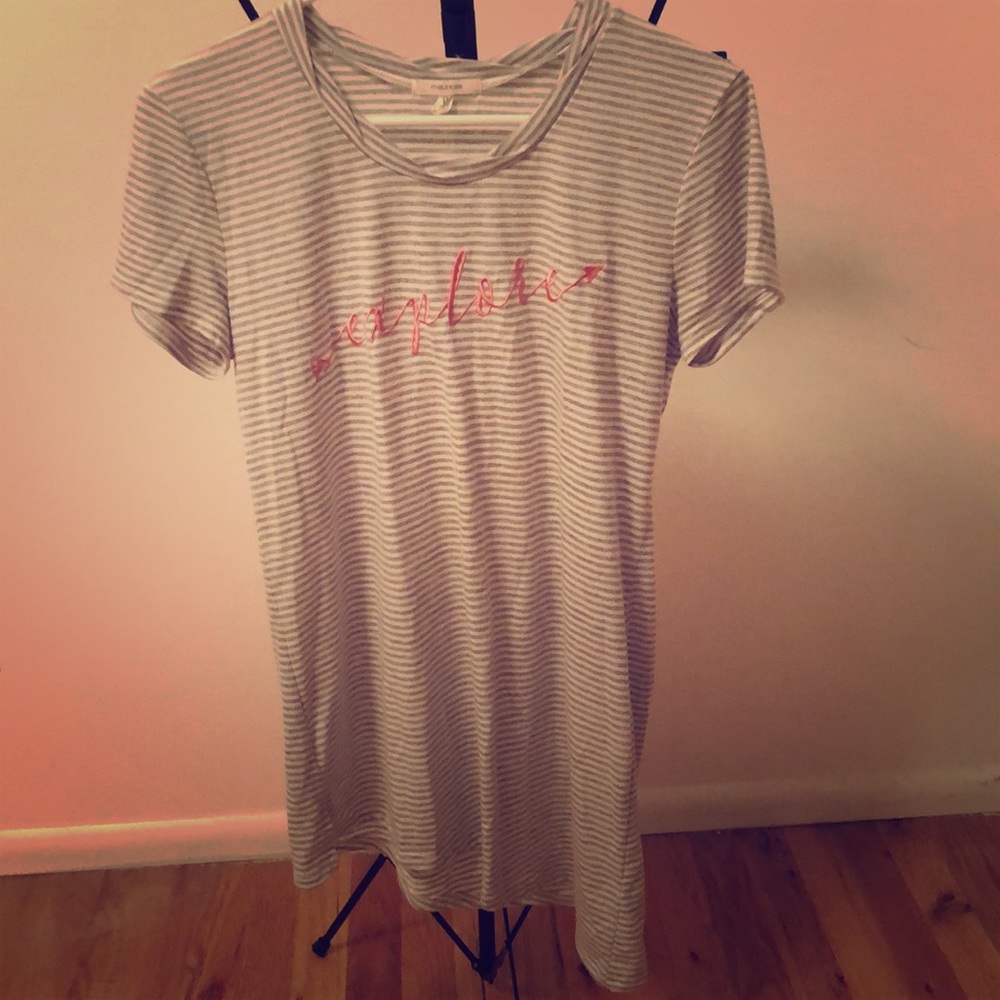 Grey and white striped “explore” shirt by Maurices